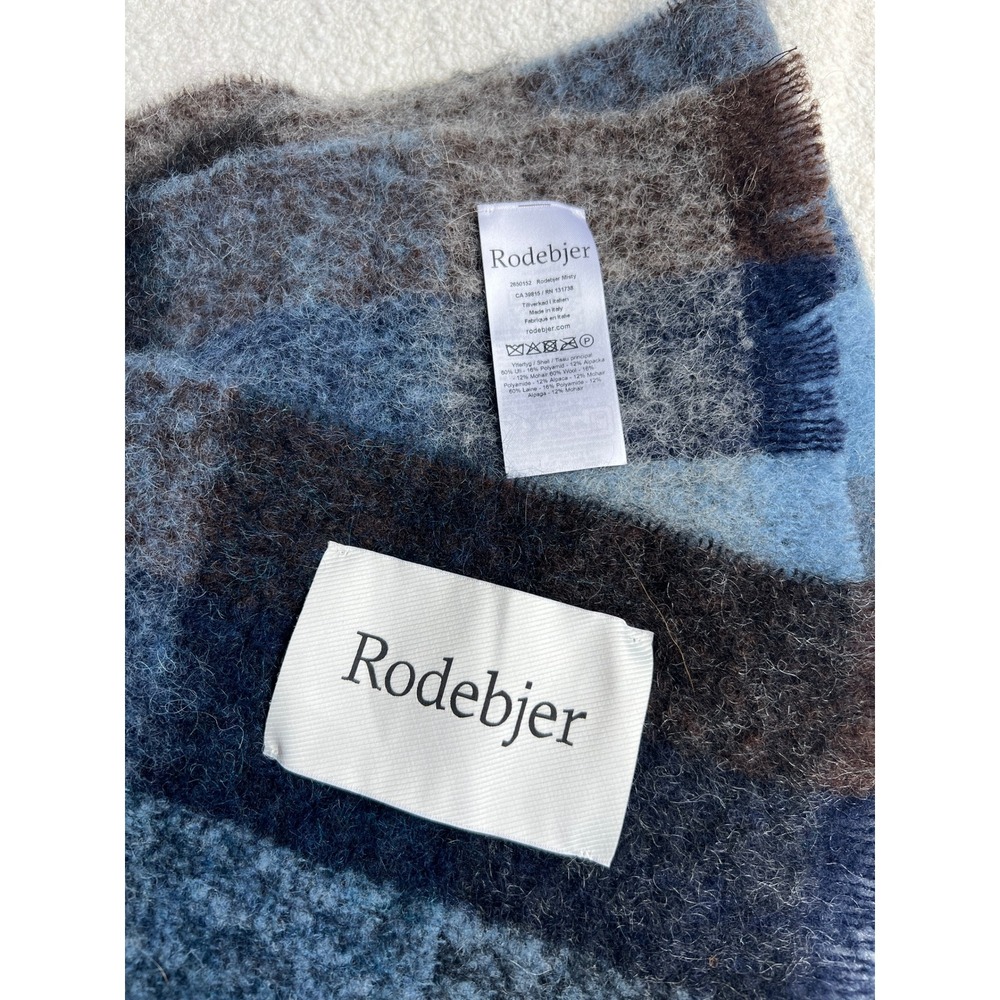 Rodebjer Misty Plaid Scarf Blue Grey Mohair Wool Alpaca Blend Made in Italy